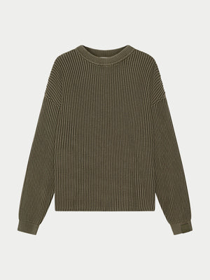 HEAVY WASHED RIBBED KNIT CREW - KHAKI