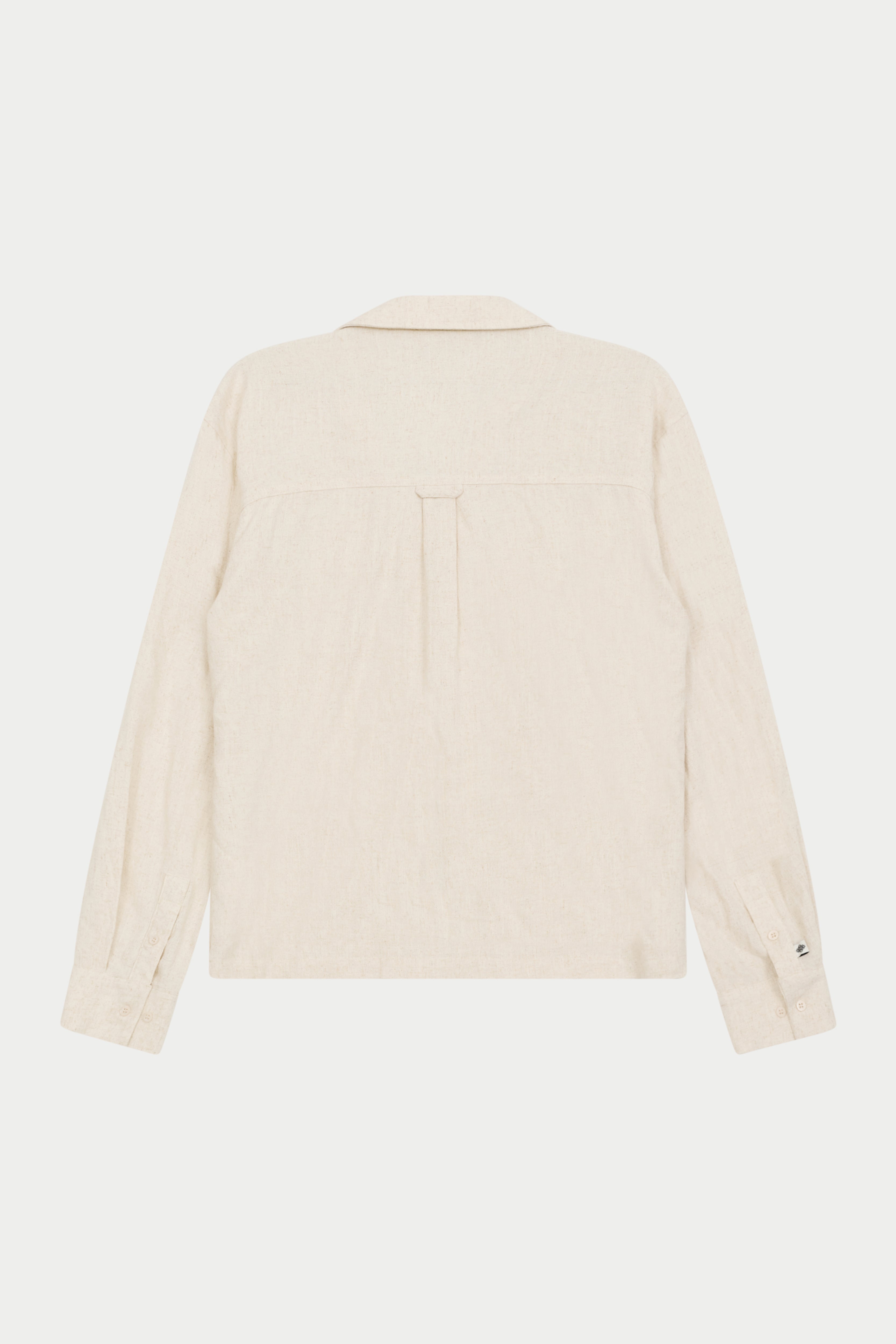 Back image of a  beige long-sleeved woven shirt with a revere collar against a plain background.