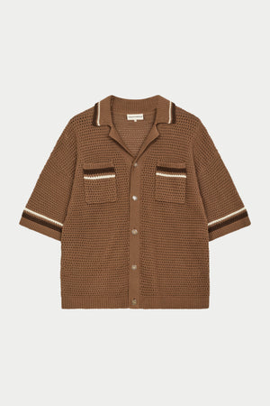 CROCHET KNITTED STRIPE SHIRT - BROWN