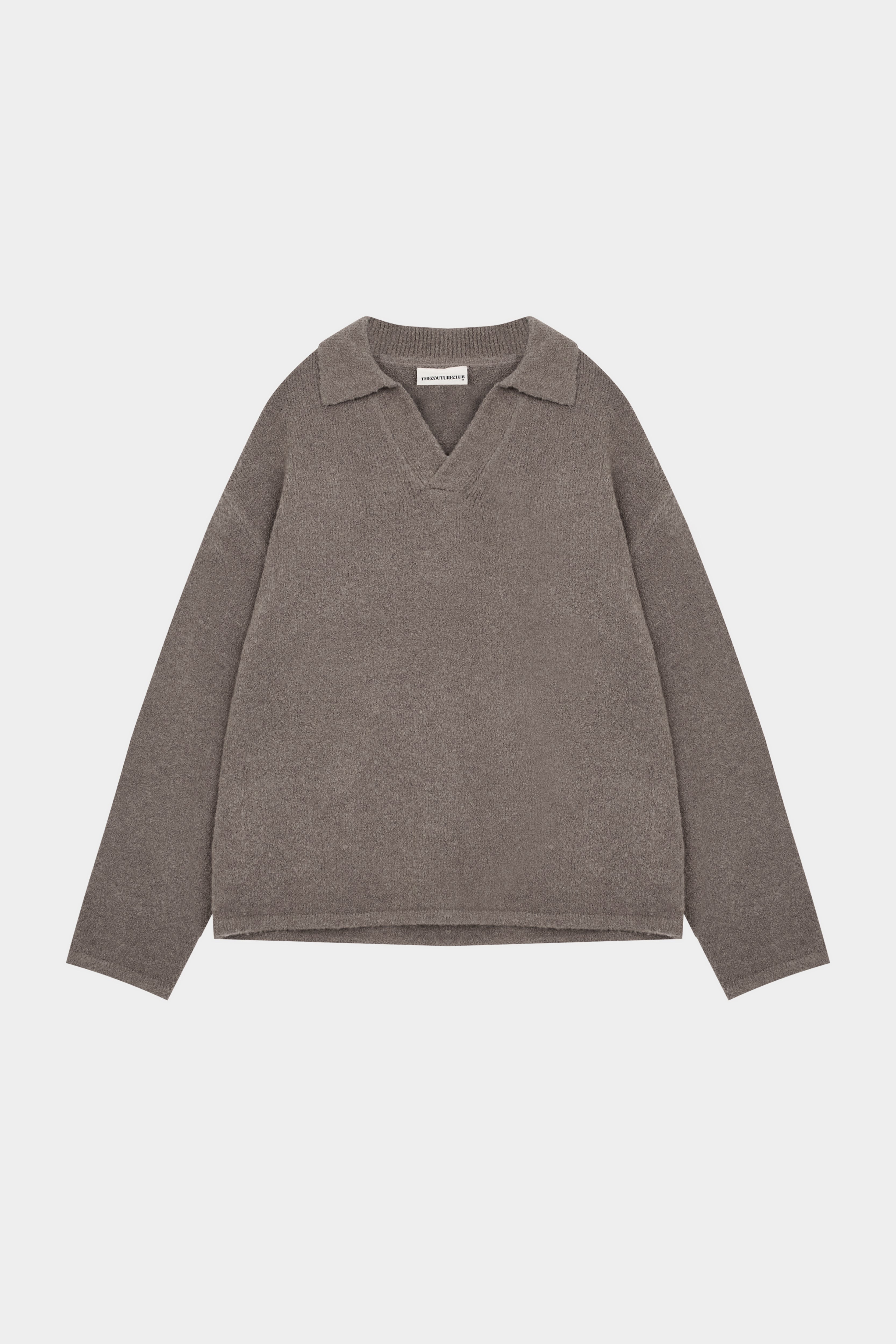 BOUCLE KNIT LONG SLEEVE POLO - BROWN