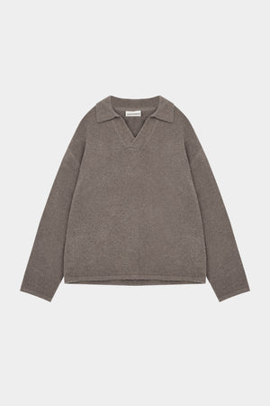 BOUCLE KNIT LONG SLEEVE POLO - BROWN