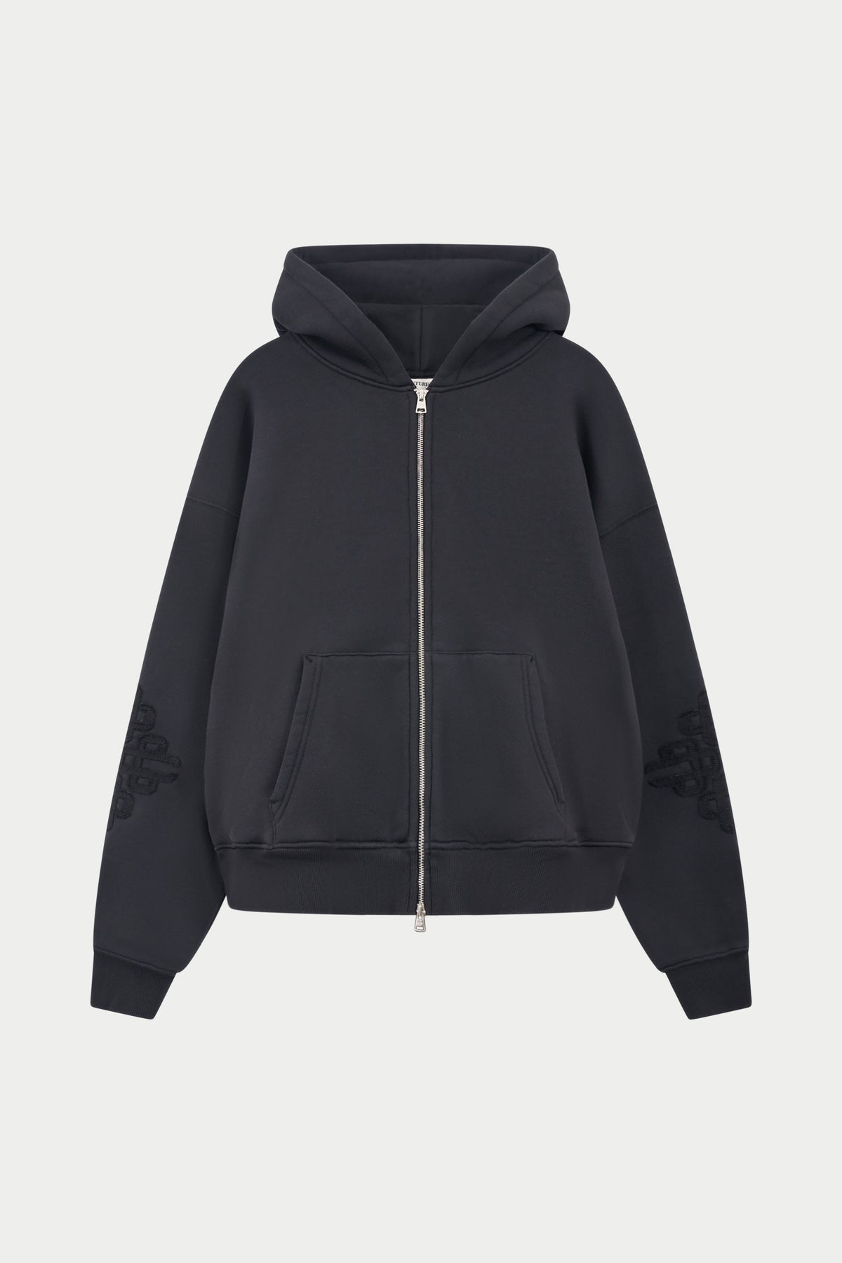 EMBLEM APPLIQUE ZIP THROUGH HOODIE - BLACK