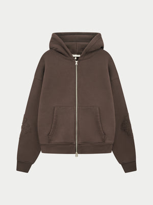 EMBLEM APPLIQUE ZIP THROUGH HOODIE - BROWN