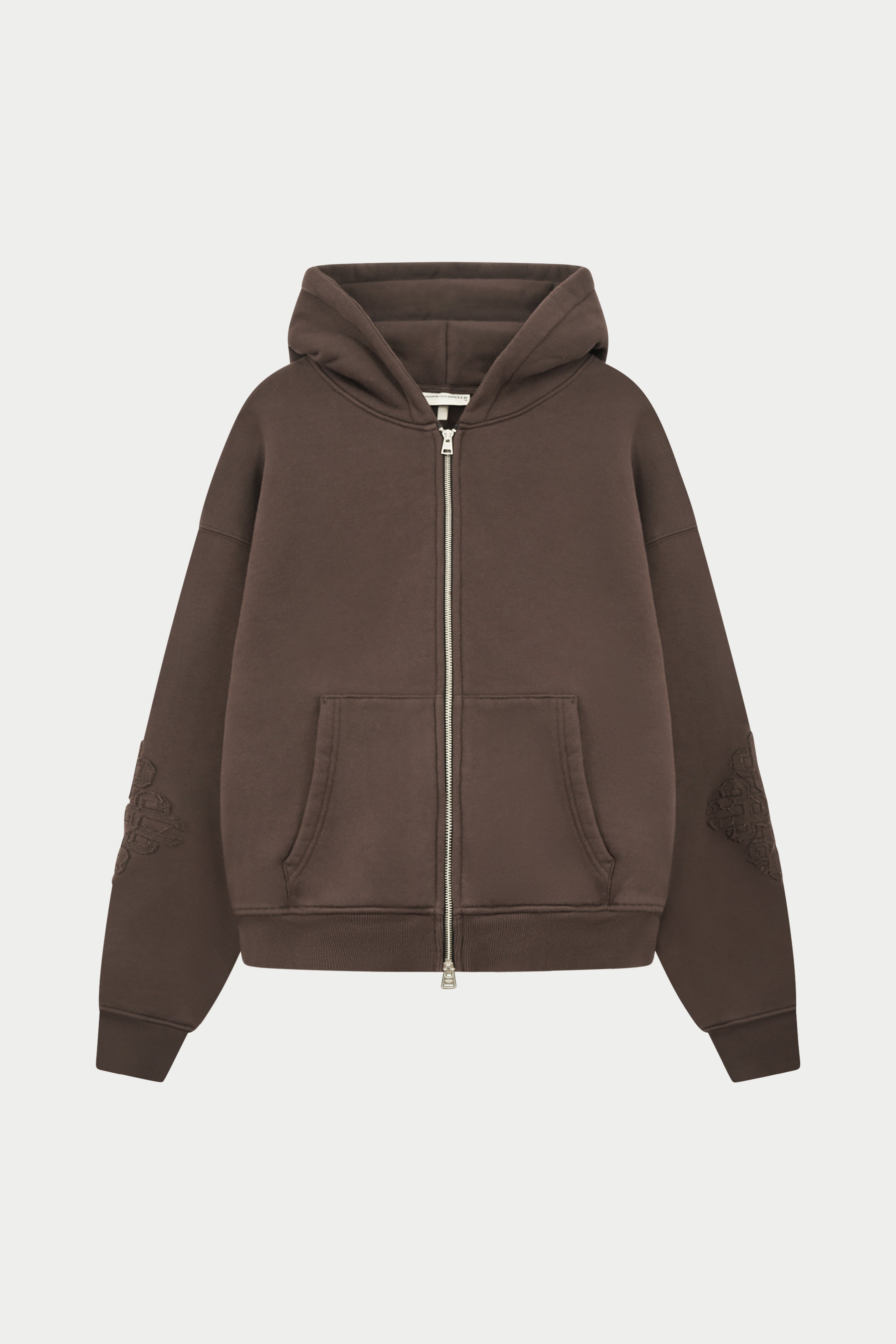 EMBLEM APPLIQUE ZIP THROUGH HOODIE - BROWN