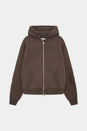 EMBLEM APPLIQUE ZIP THROUGH HOODIE - BROWN