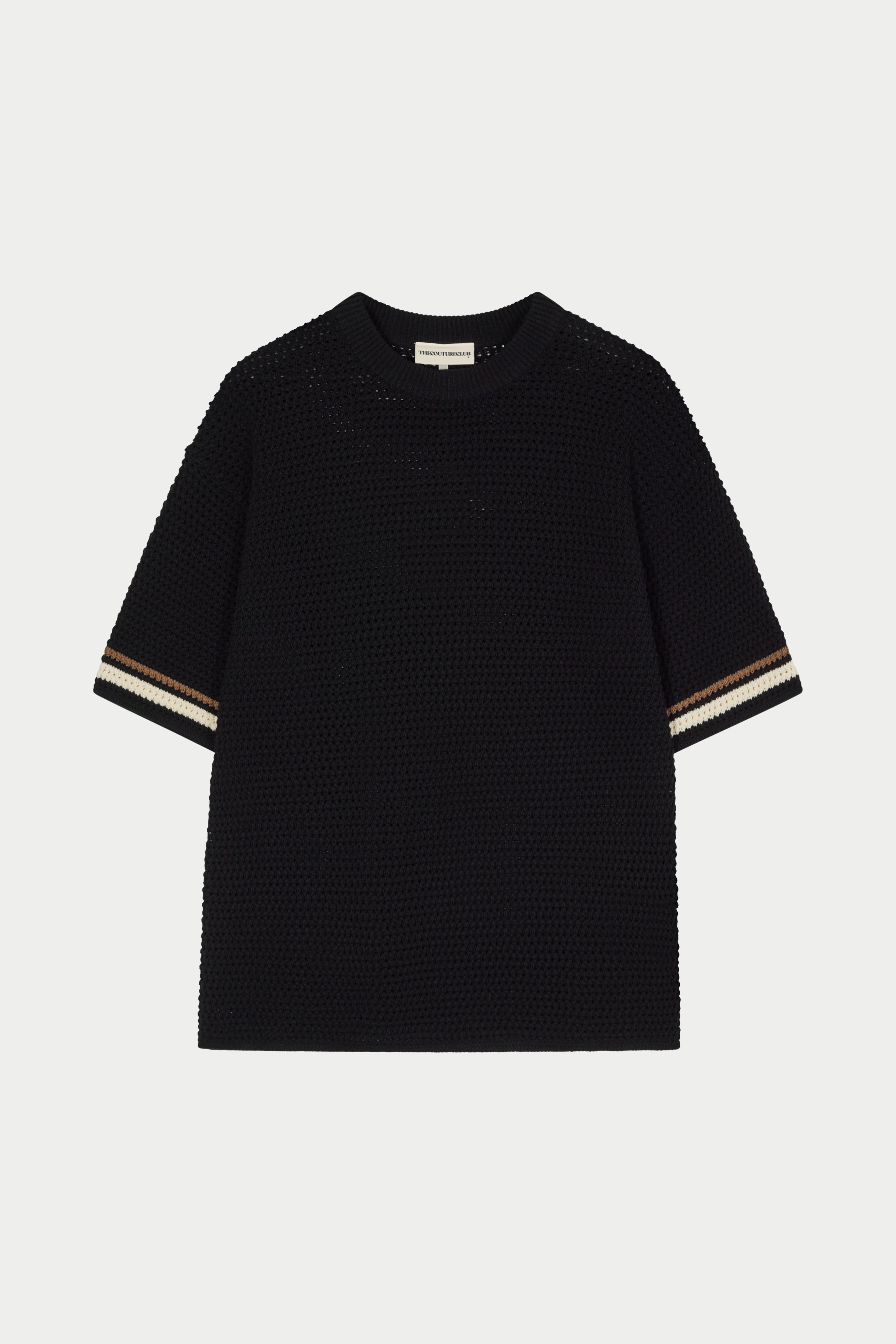 CROCHET KNITTED STRIPE T-SHIRT - BLACK