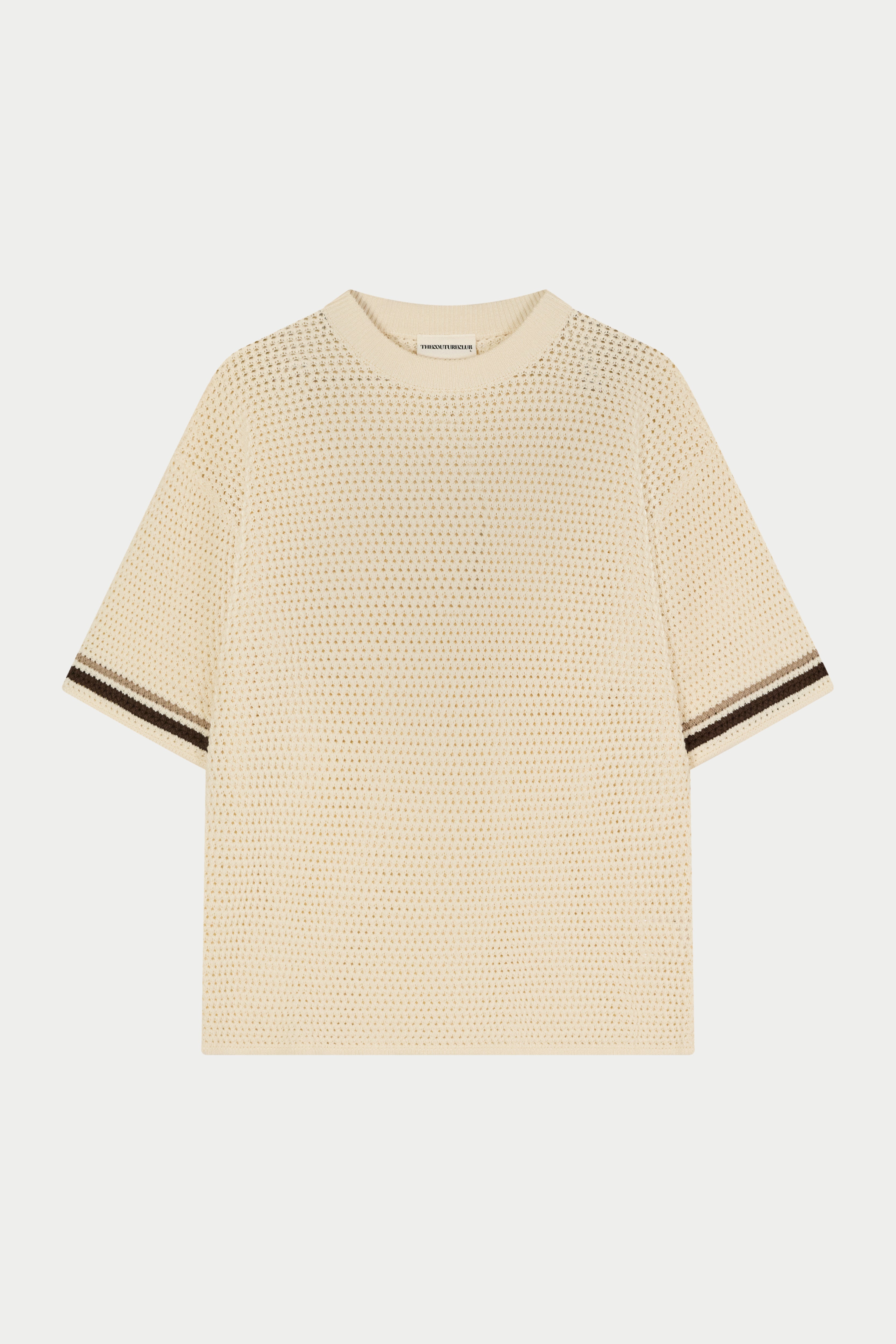 CROCHET KNITTED STRIPE T-SHIRT - OFF WHITE