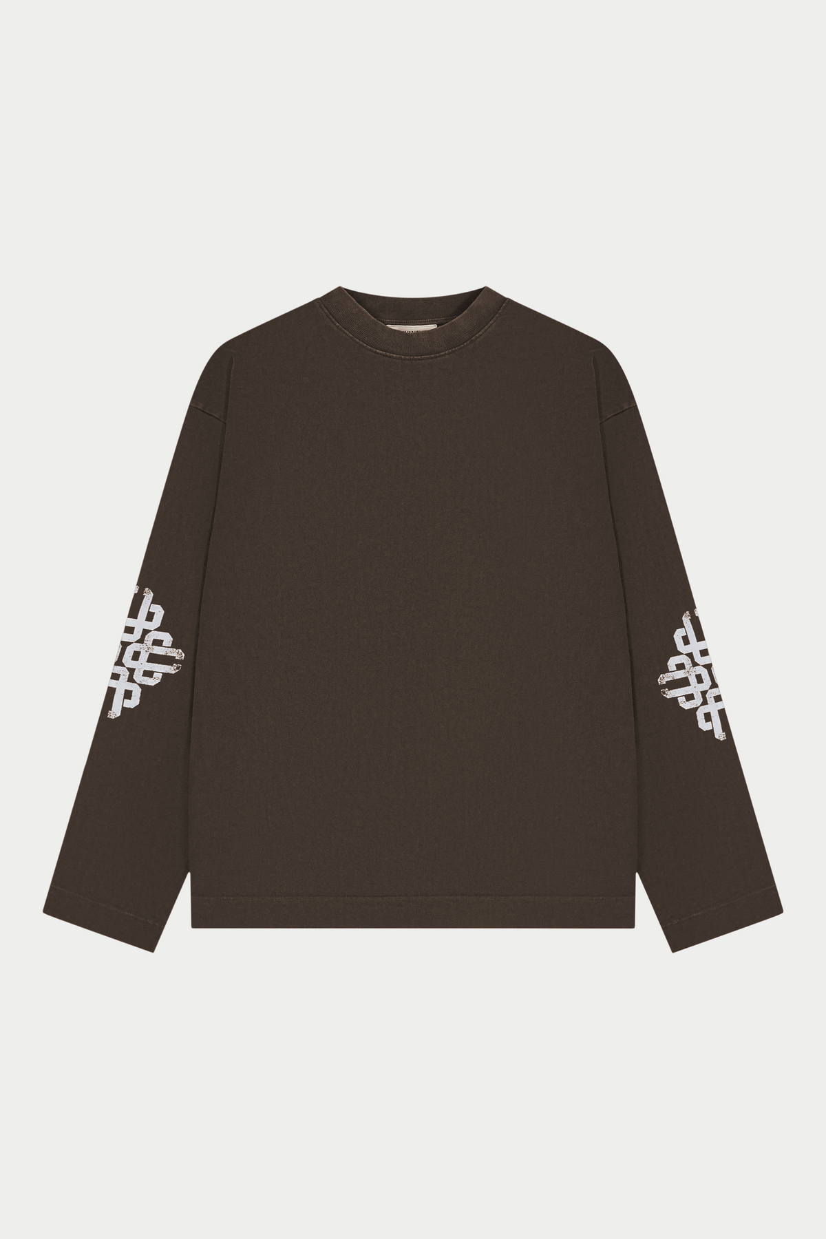 Brown long-sleeve shirt with white logo on sleeves against a white background