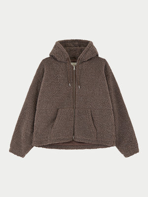 WASHED BORG ZIP THROUGH JACKET - BROWN