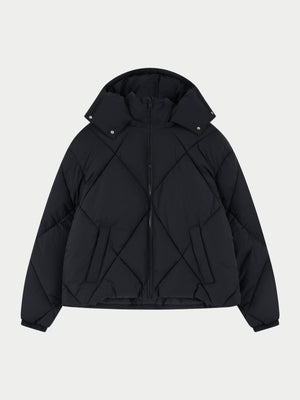 DIAMOND QUILTED PUFFER COAT - BLACK