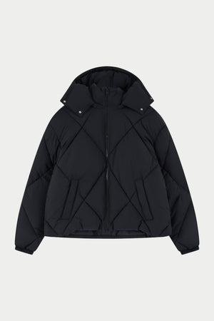 DIAMOND QUILTED PUFFER COAT - BLACK