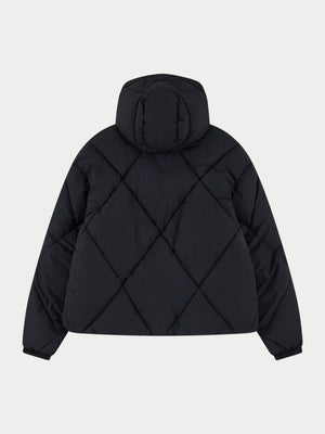 DIAMOND QUILTED PUFFER COAT - BLACK