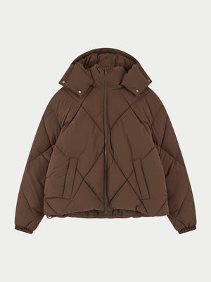 DIAMOND QUILTED PUFFER COAT - BROWN