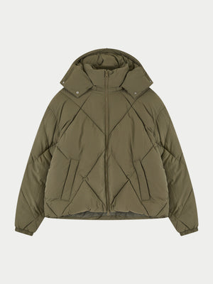 DIAMOND QUILTED PUFFER COAT - KHAKI