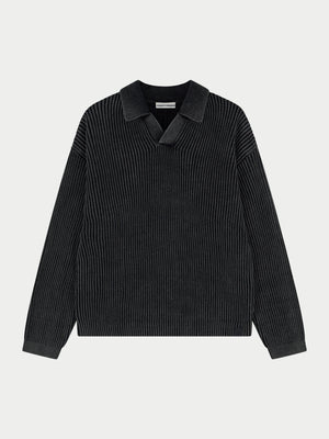 HEAVY WASHED RIB KNIT POLO - BLACK