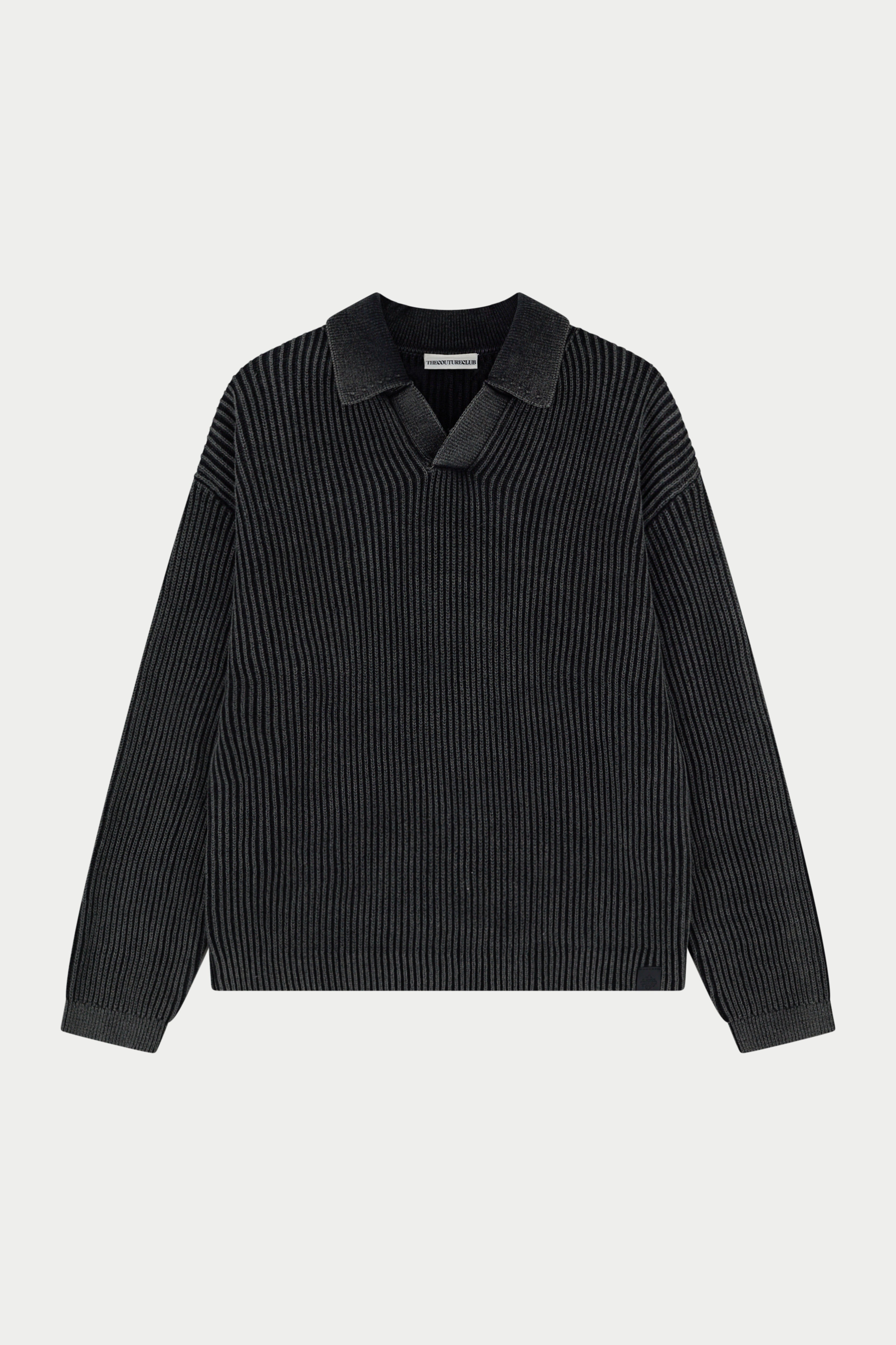 HEAVY WASHED RIB KNIT POLO - BLACK