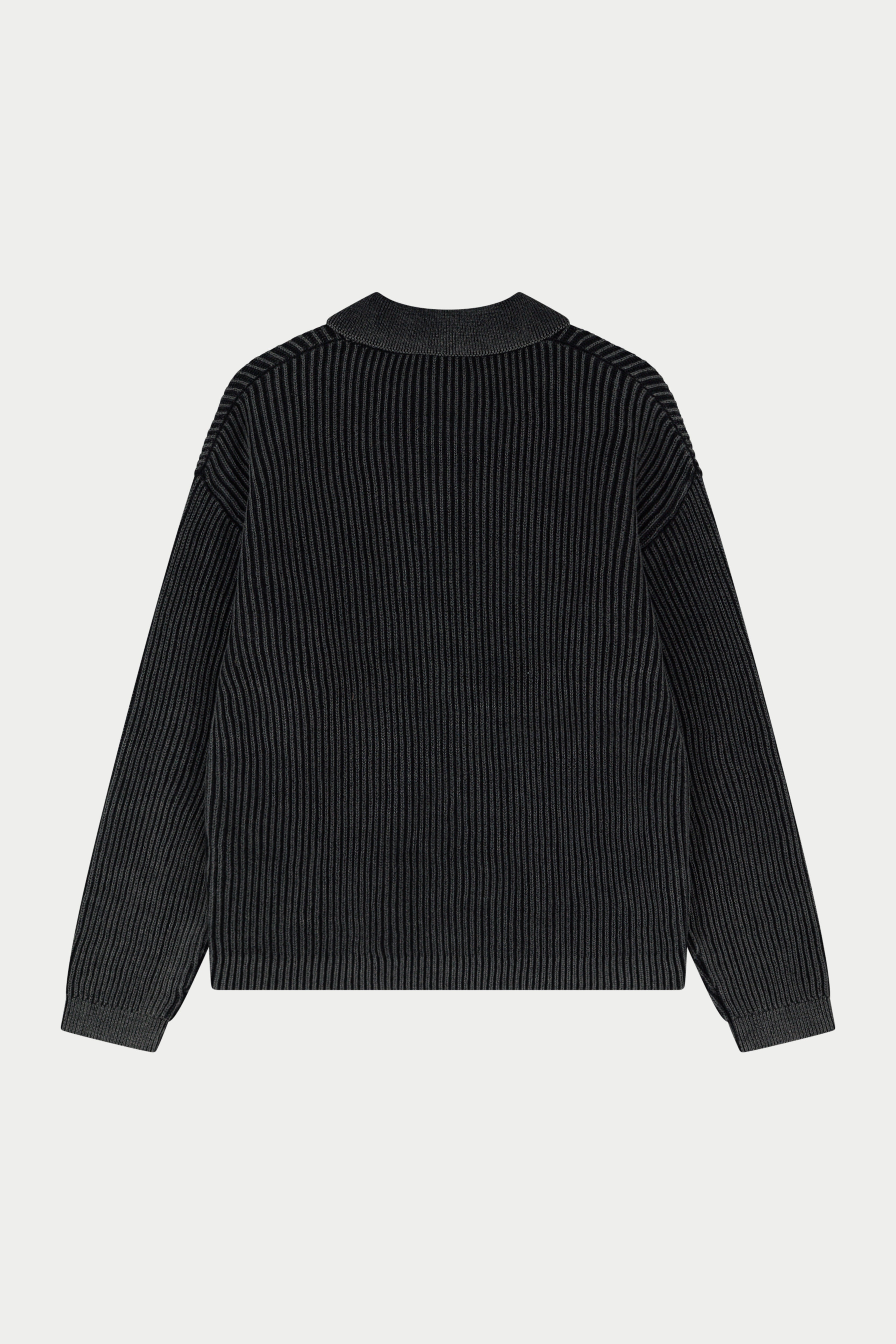 HEAVY WASHED RIB KNIT POLO - BLACK