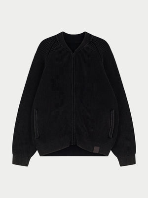 HEAVY WASHED RIB KNIT BOMBER - BLACK