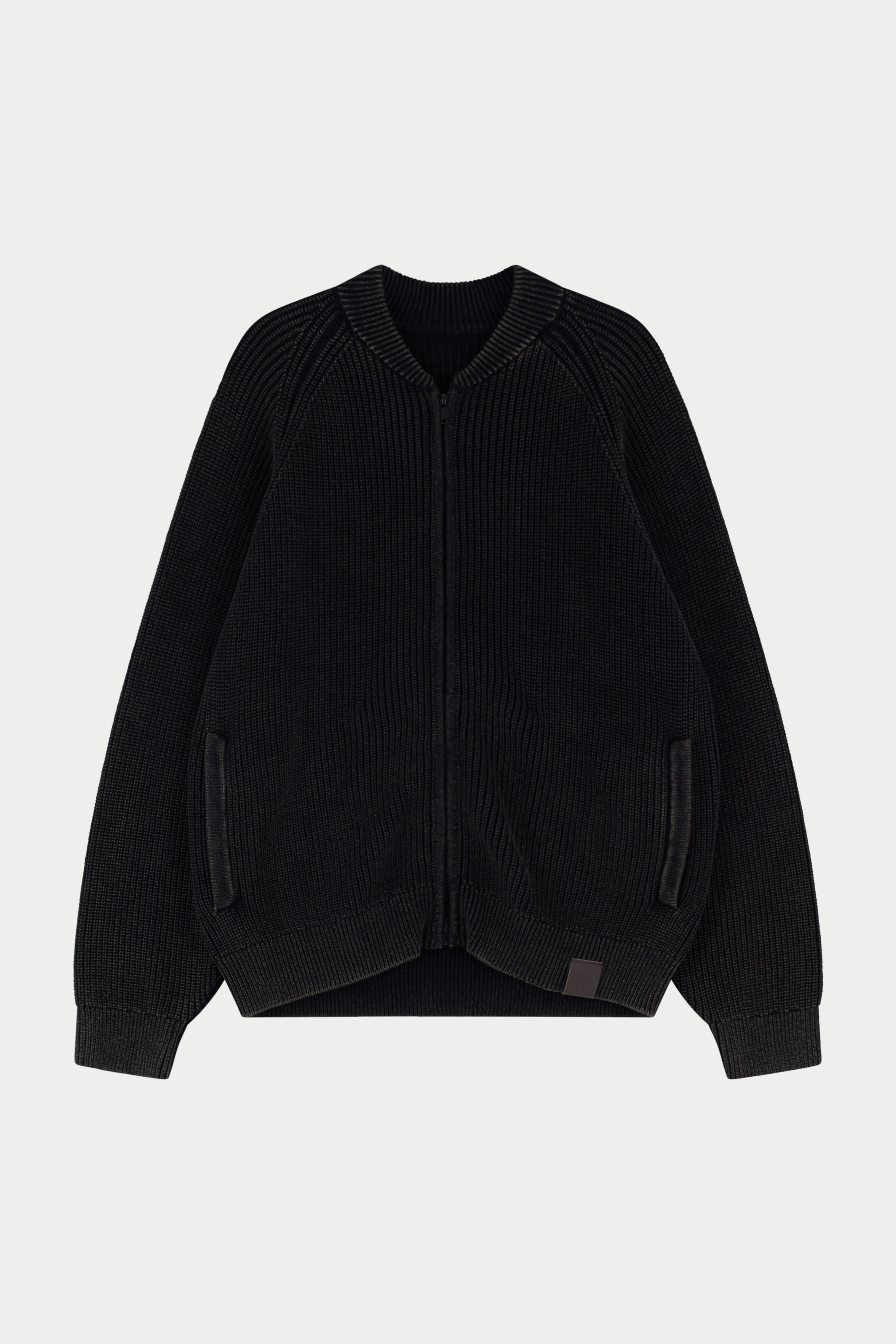 HEAVY WASHED RIB KNIT BOMBER - BLACK