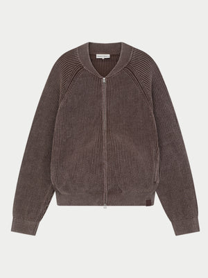 HEAVY WASHED RIB KNIT BOMBER - BROWN
