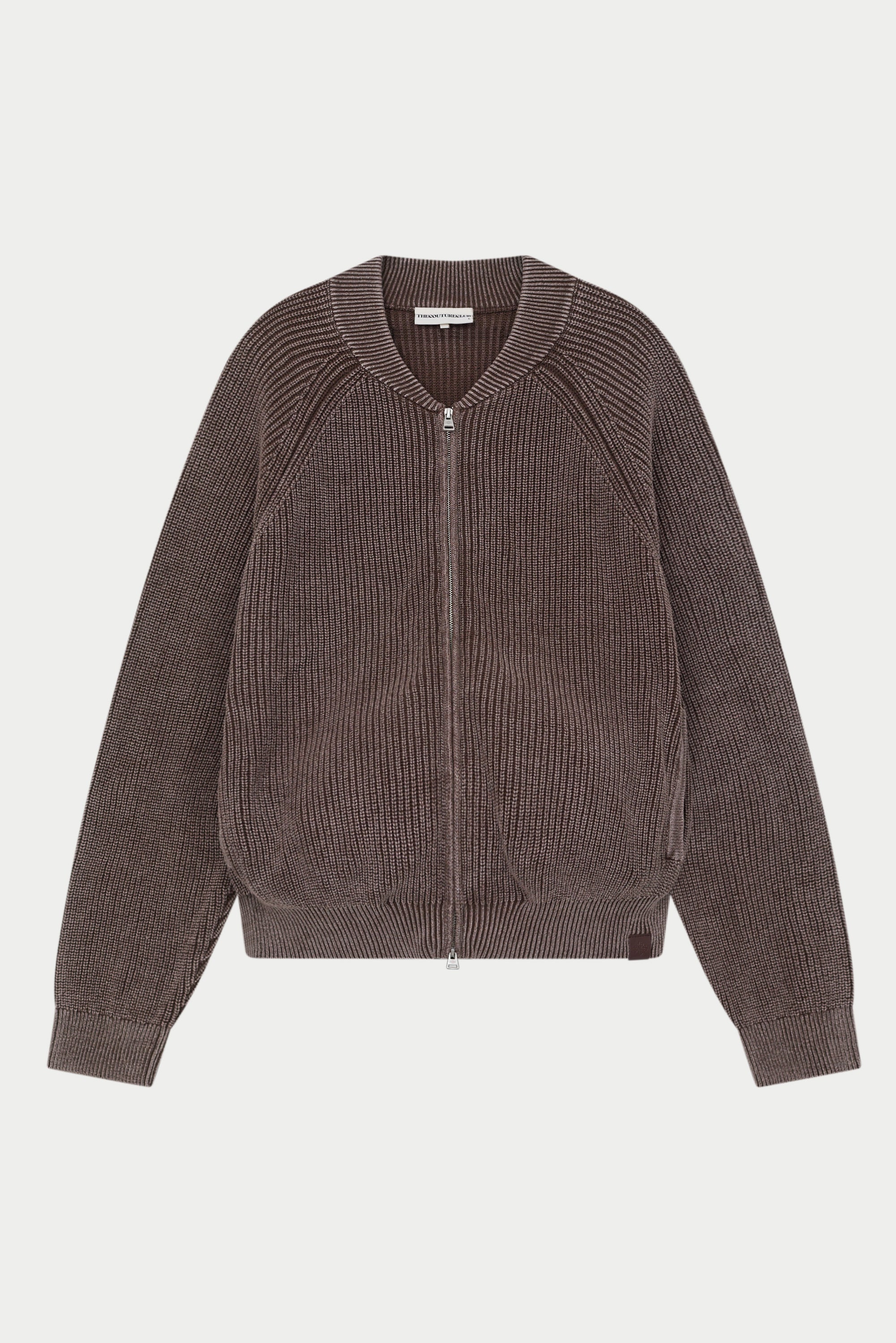 HEAVY WASHED RIB KNIT BOMBER - BROWN