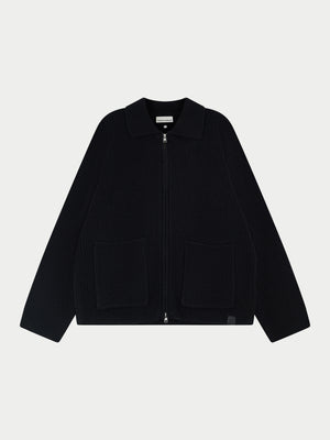 RIBBED KNITTED OVERSIZED ZIP THROUGH - BLACK