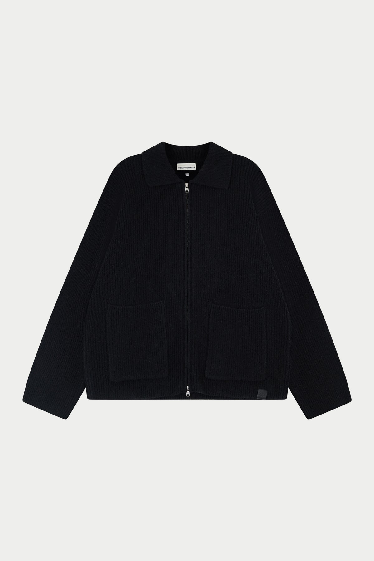 RIBBED KNITTED OVERSIZED ZIP THROUGH - BLACK