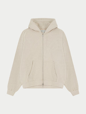 KNIT CONTRAST BINDING ZIP THROUGH HOODIE - BEIGE