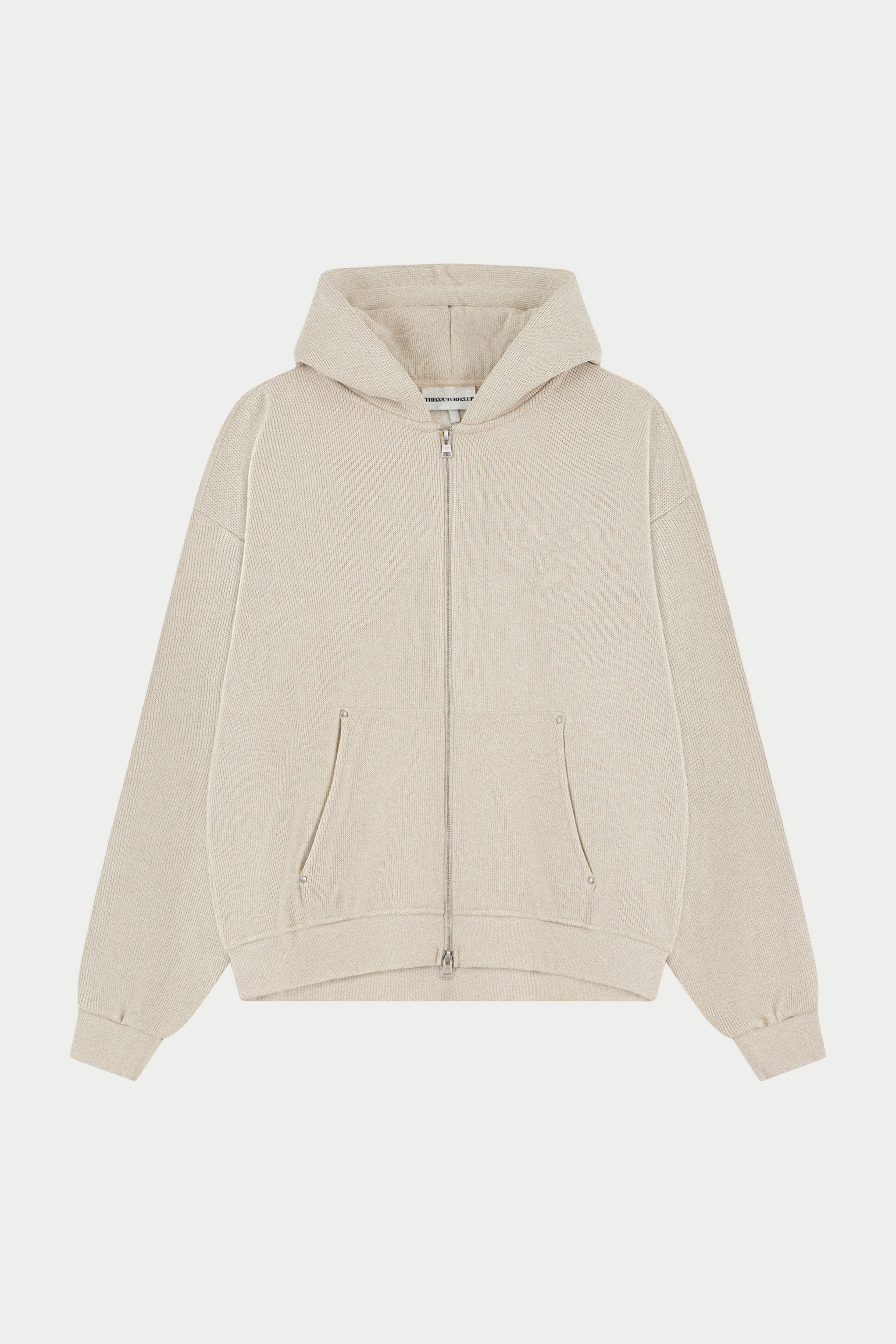 KNIT CONTRAST BINDING ZIP THROUGH HOODIE - BEIGE