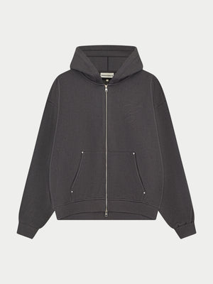 KNIT CONTRAST BINDING ZIP THROUGH HOODIE - CHARCOAL