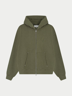KNIT CONTRAST BINDING ZIP THROUGH HOODIE - KHAKI