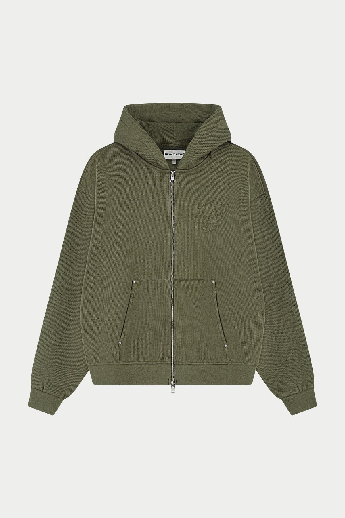 KNIT CONTRAST BINDING ZIP THROUGH HOODIE - KHAKI