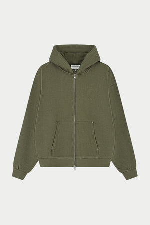 KNIT CONTRAST BINDING ZIP THROUGH HOODIE - KHAKI