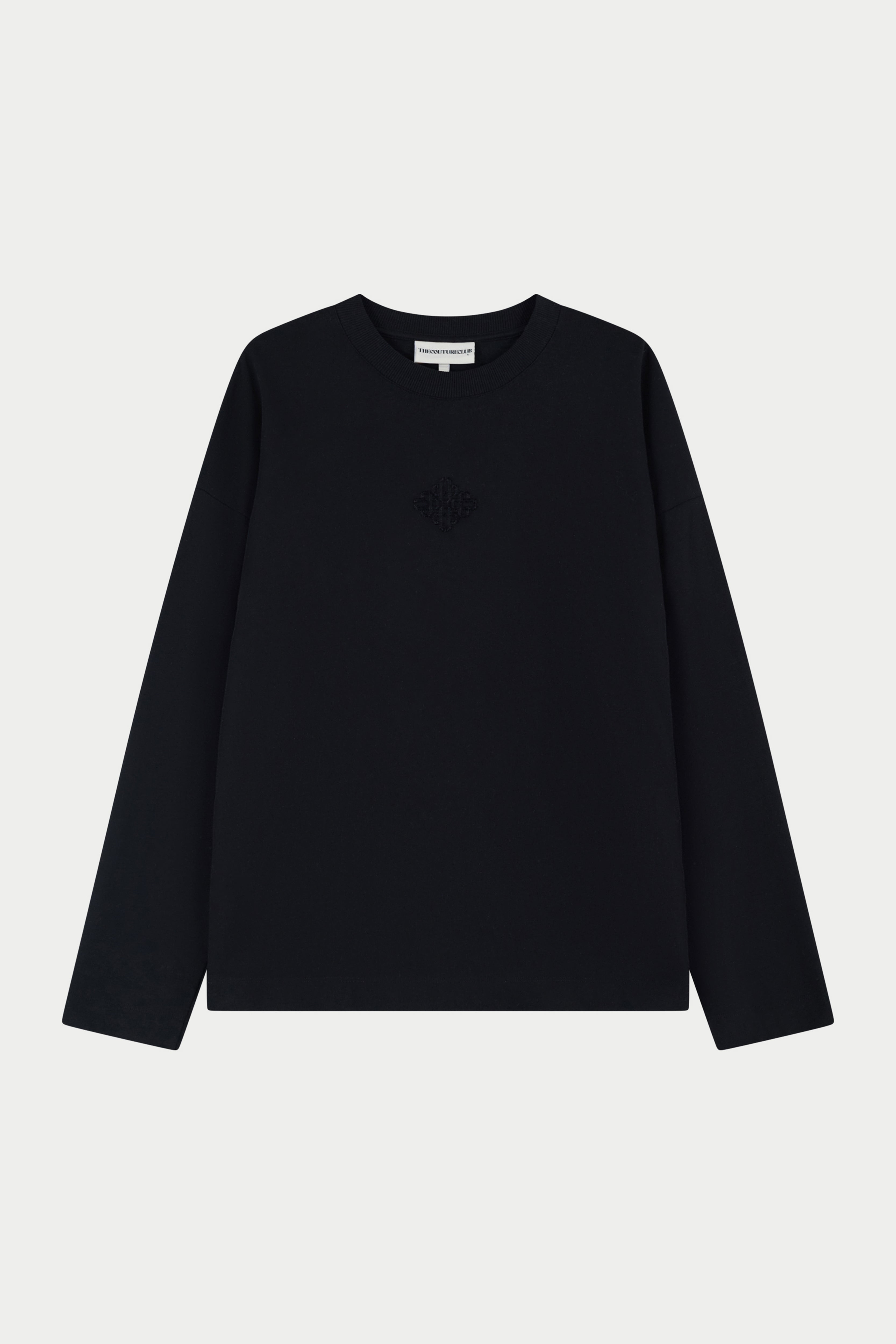 Black long-sleeve shirt on a light grey background