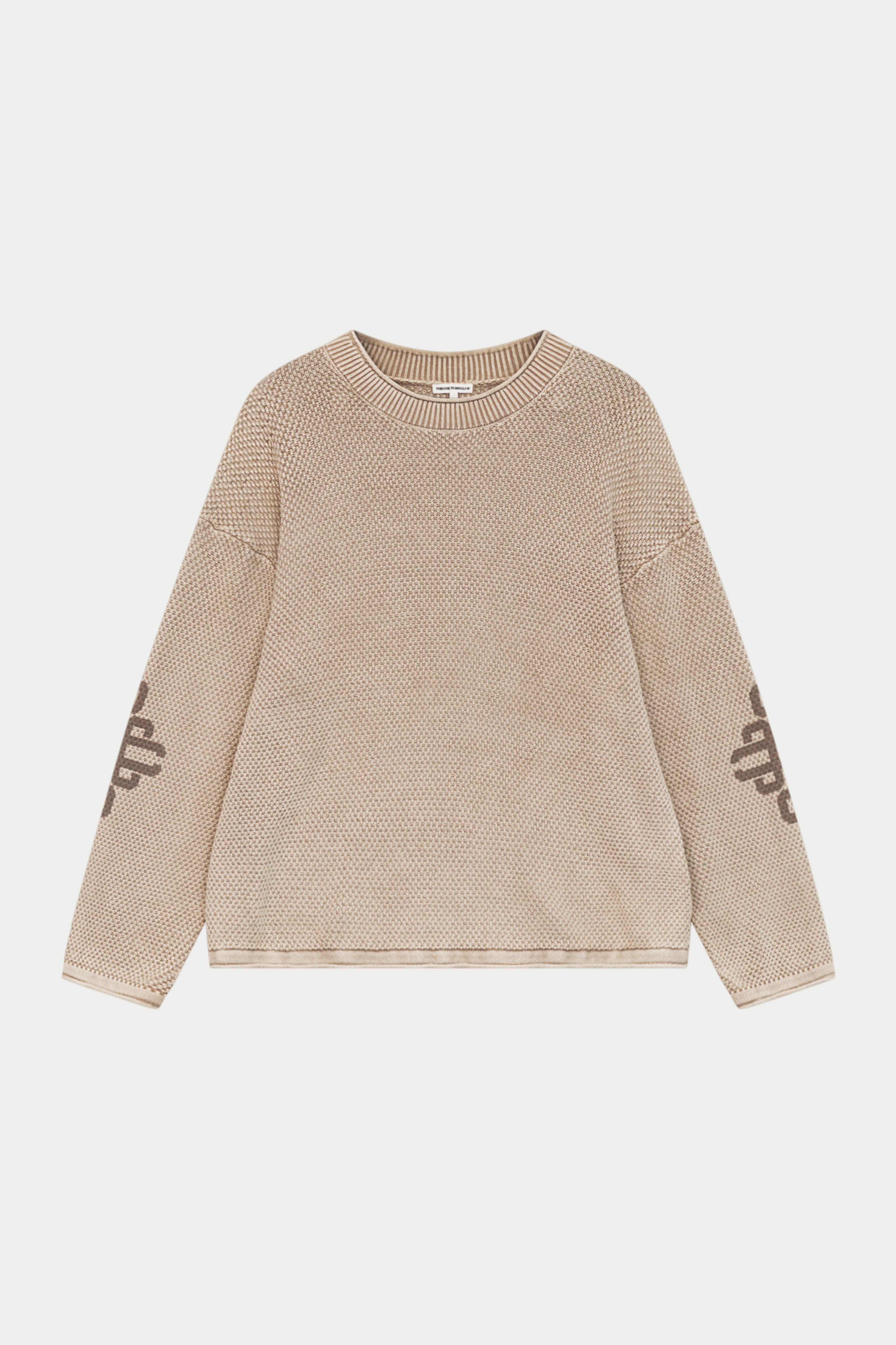 A beige textured knit crewneck sweater with dark brown 'Burberrys' script embroidery on the sleeves, displayed flat against a light gray background.