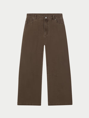 WASHED TWILL BARREL LEG PANTS - BROWN