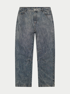 VINTAGE WASH DENIM BARREL LEG JEANS - BLUE WASH