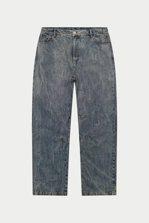 VINTAGE WASH DENIM BARREL LEG JEANS - BLUE WASH