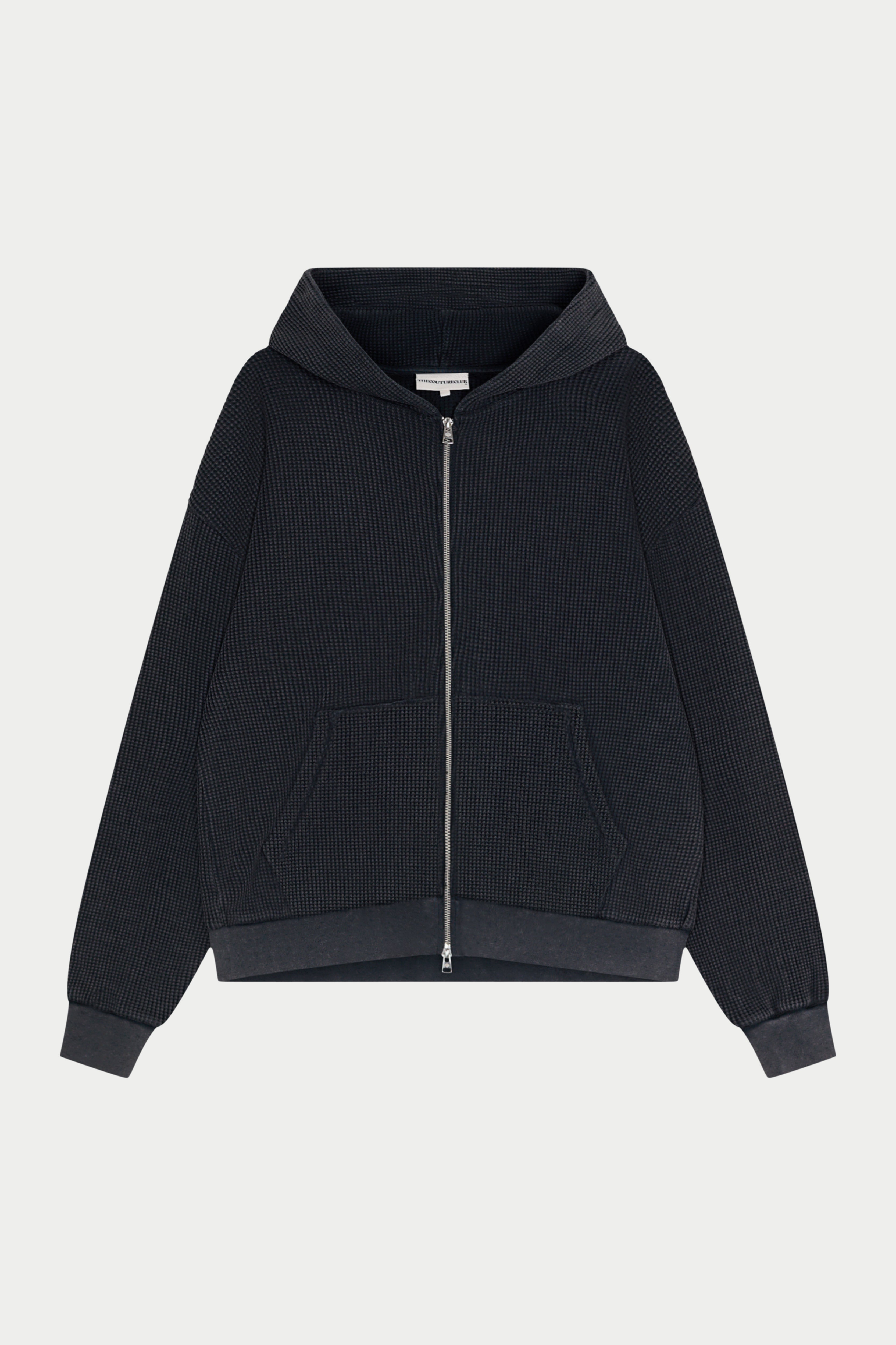 WAFFLE ZIP THROUGH HOODIE - BLACK