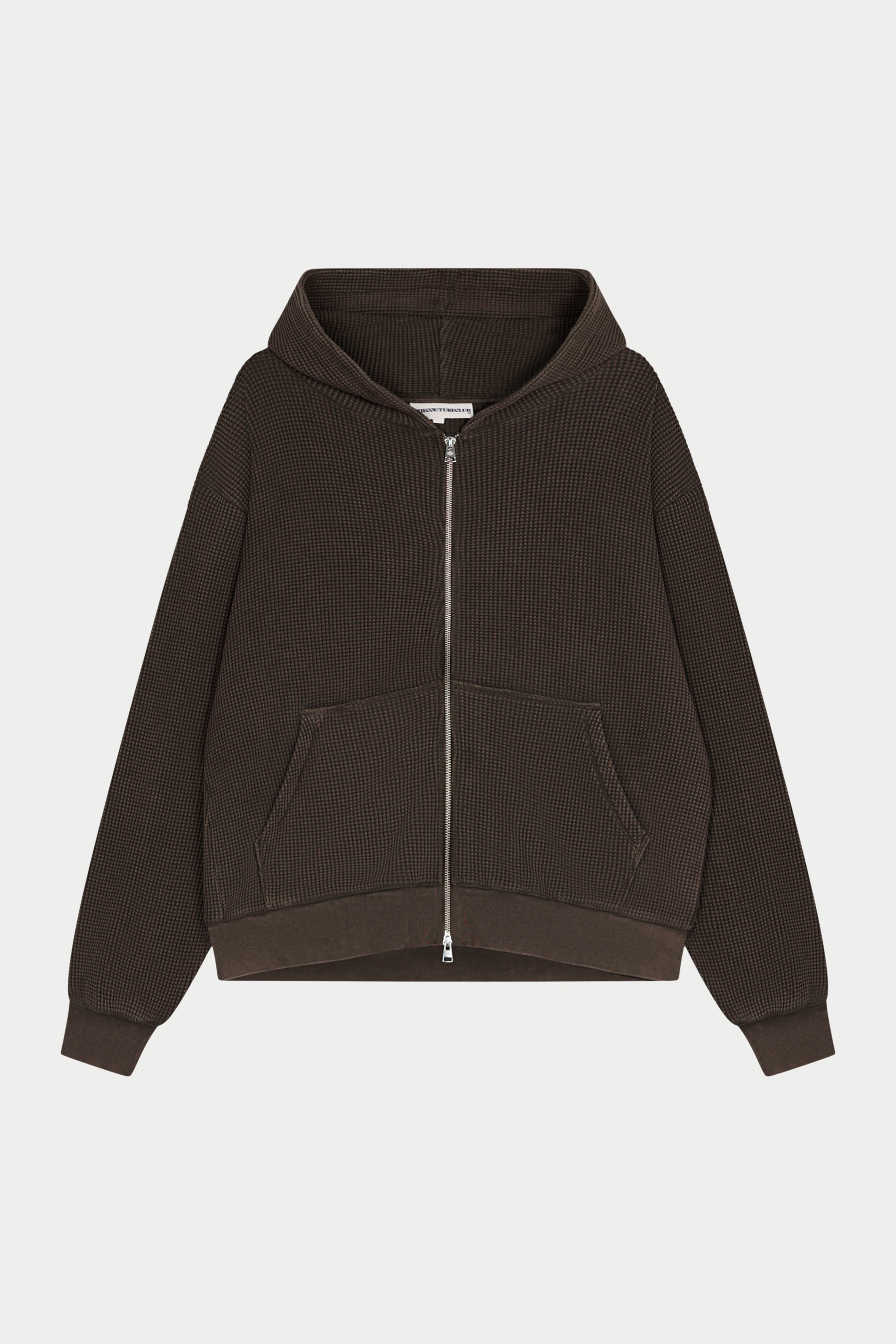 WAFFLE ZIP THROUGH HOODIE - BROWN