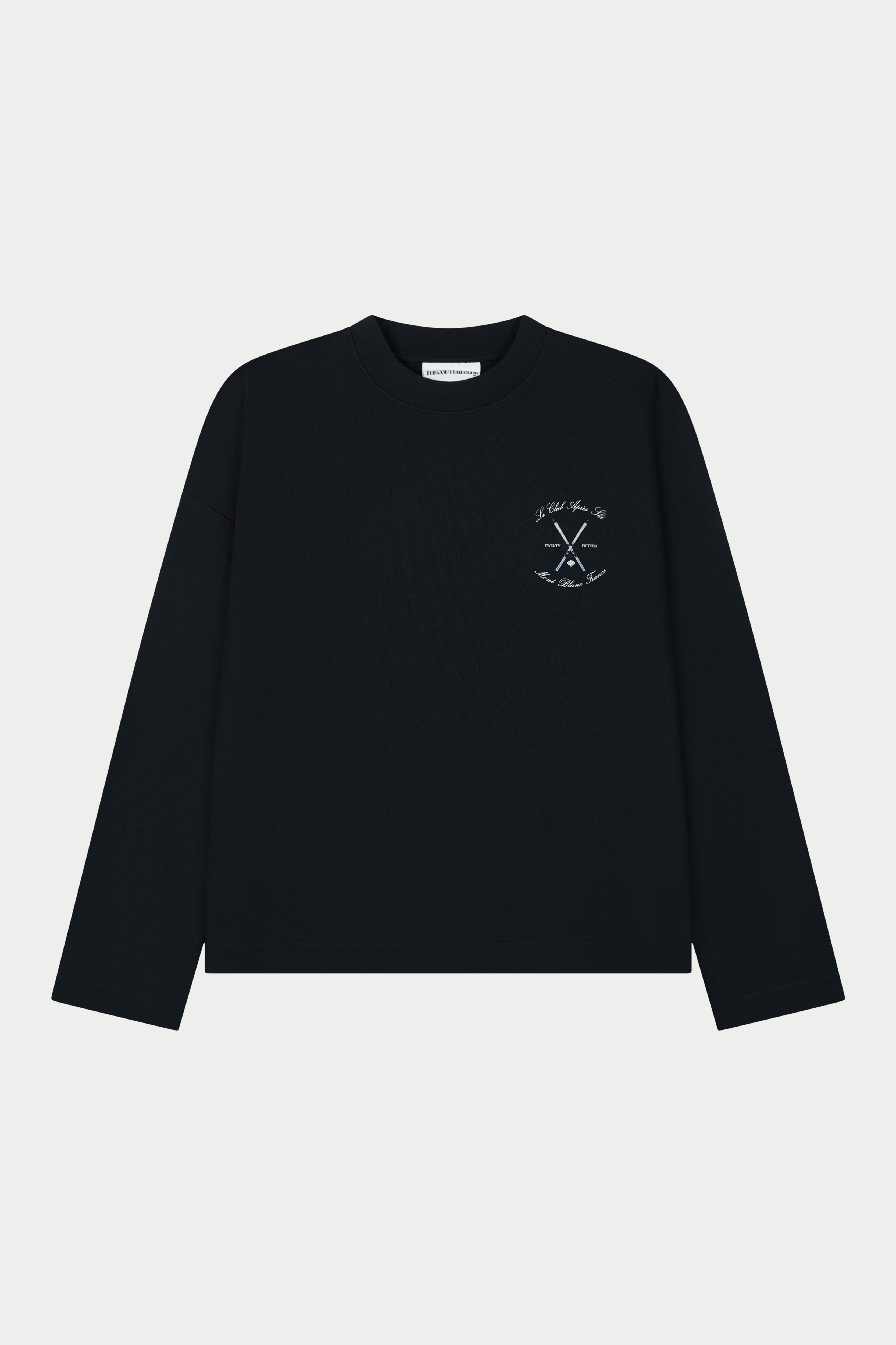 Black long-sleeve t-shirt with a small graphic on a light grey background