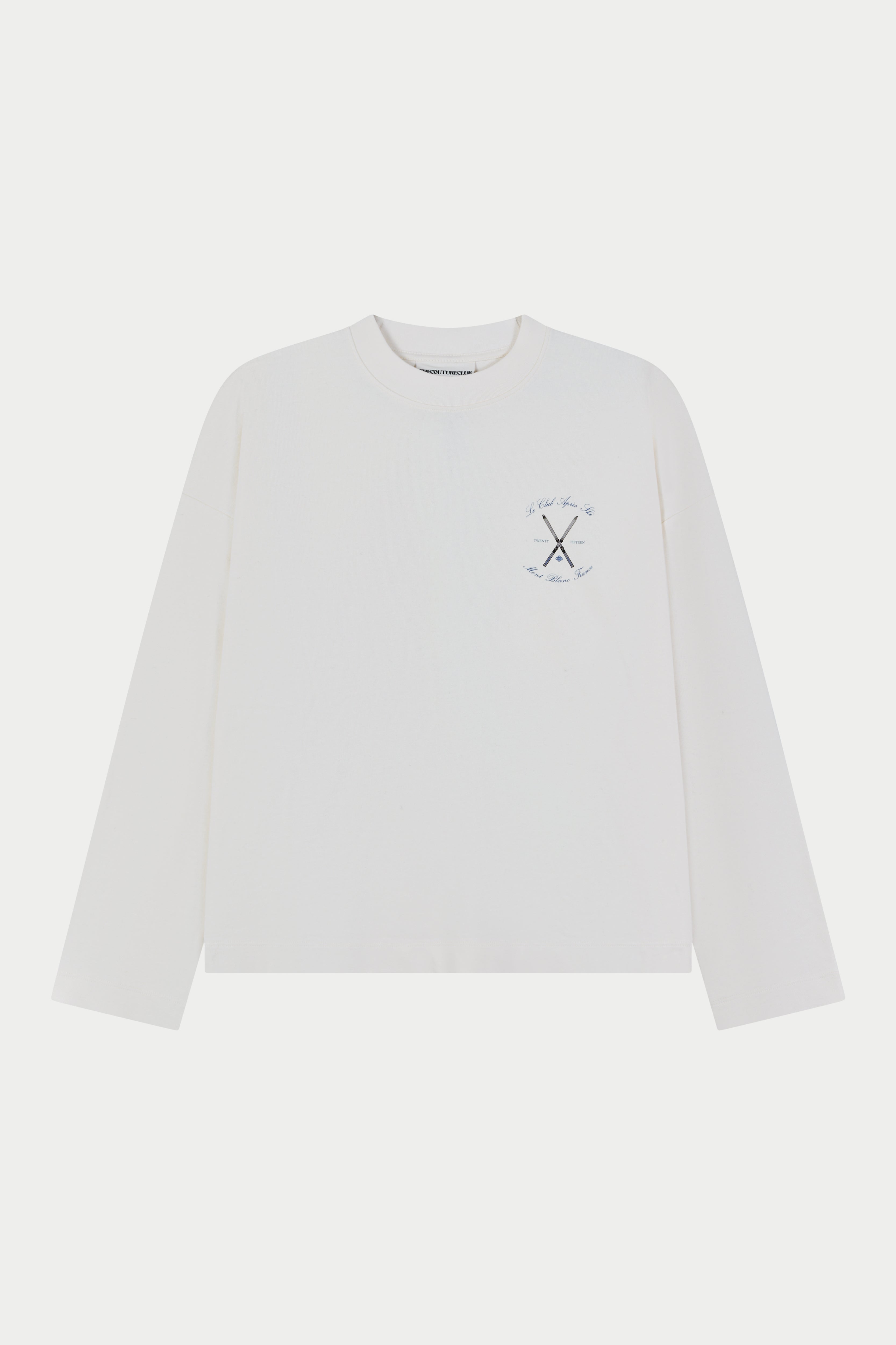 White long-sleeve shirt with a small logo on a light grey background