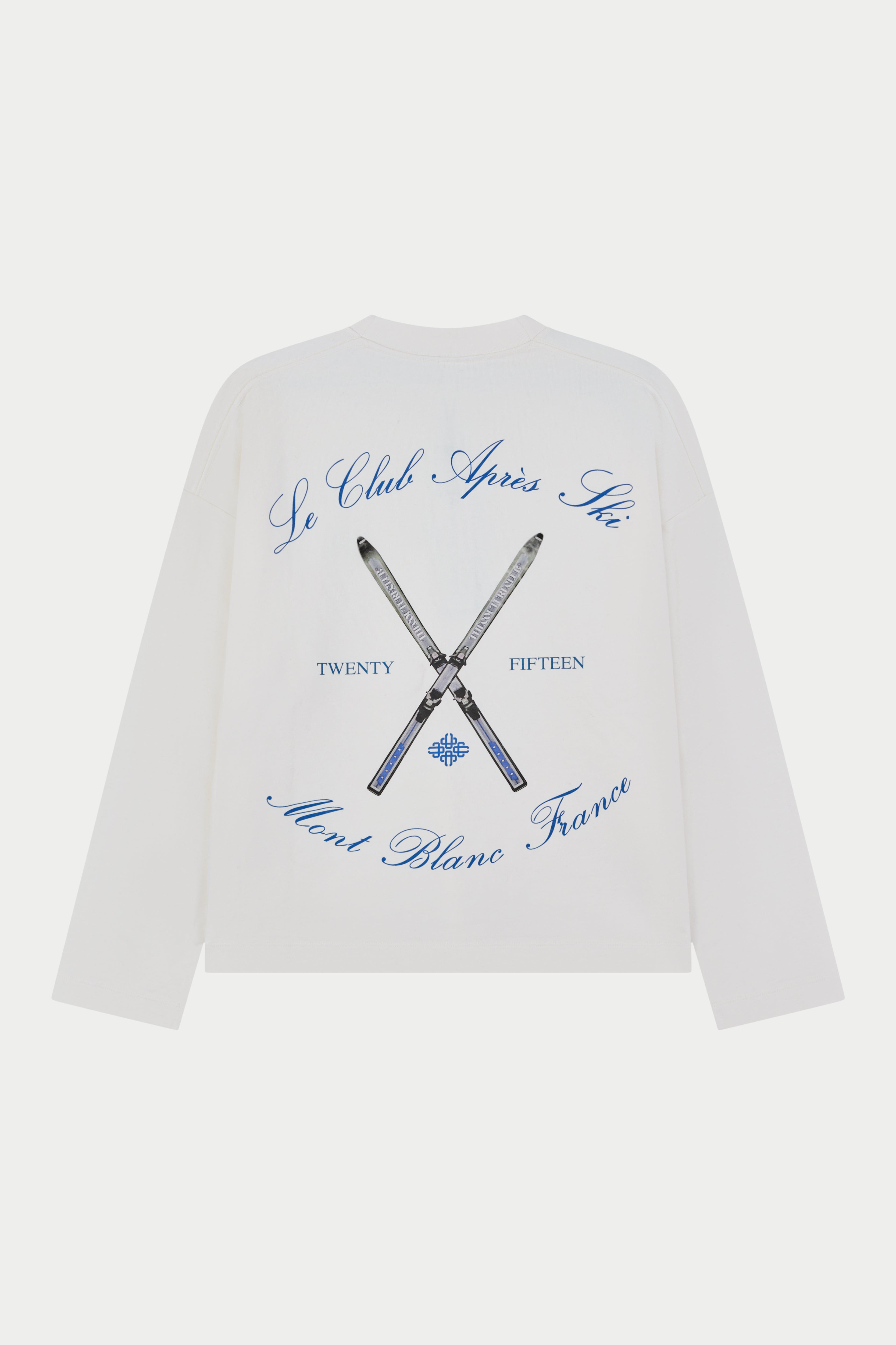 White long sleeved t-shirt with blue text and graphics on a white background
