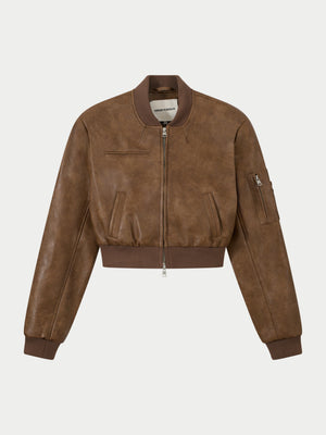 FAUX LEATHER SHOULDER PADDED BOMBER JACKET - WASHED BROWN