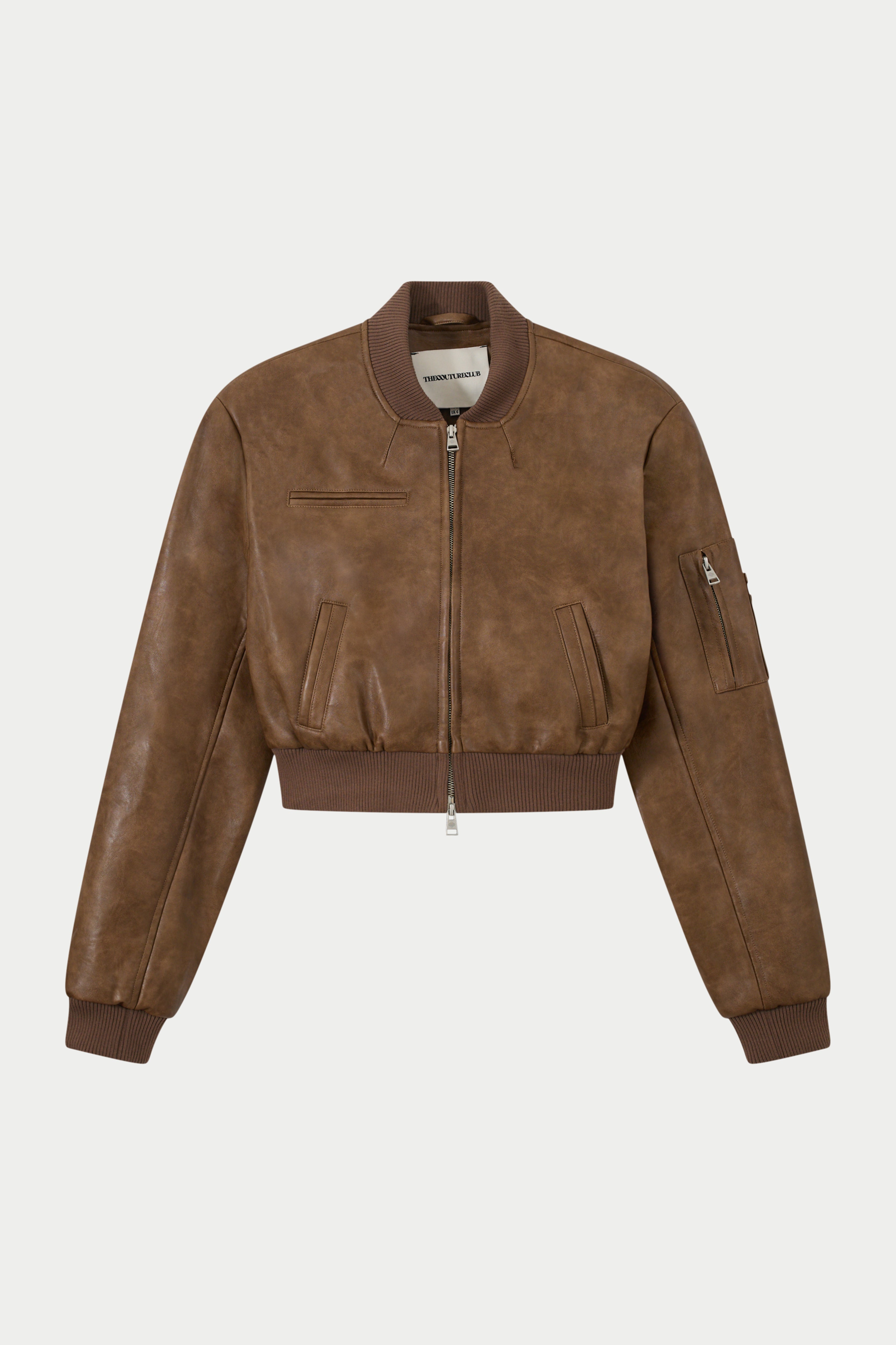FAUX LEATHER SHOULDER PADDED BOMBER JACKET - WASHED BROWN