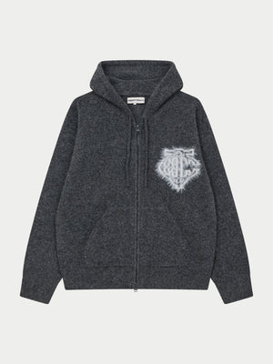 MONOGRAM FLUFFY KNIT ZIP THROUGH HOODIE - CHARCOAL
