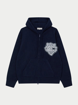 MONOGRAM FLUFFY KNIT ZIP THROUGH HOODIE - NAVY