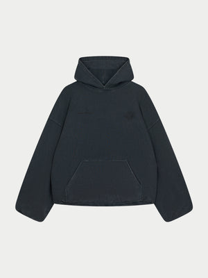 DOUBLE LAYER WASHED EMBLEM HOODIE - BLACK