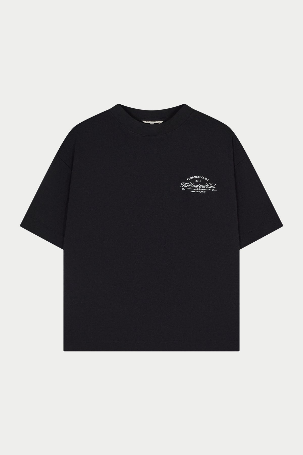 Black t-shirt with a small white logo on a white background