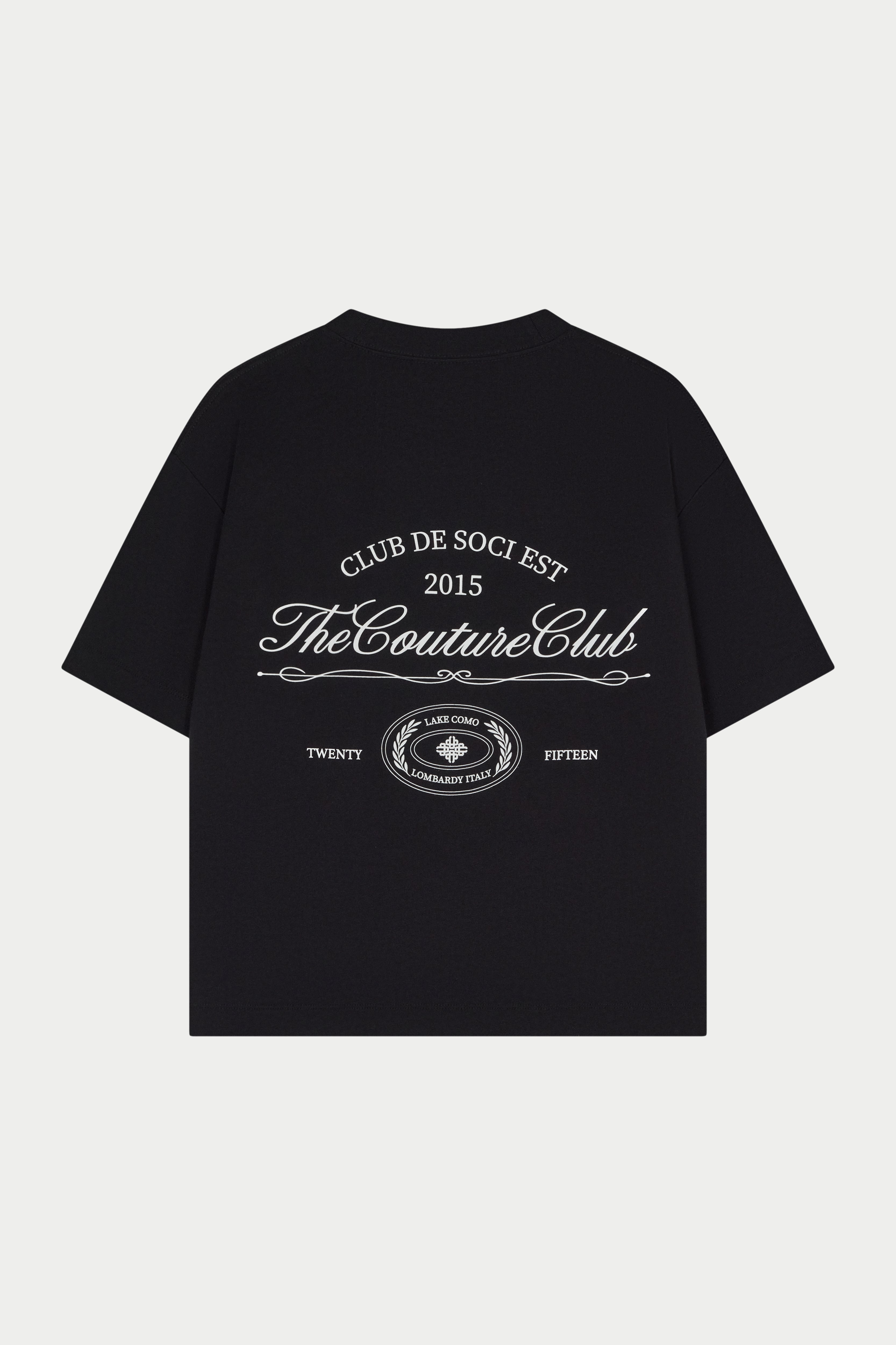Black t-shirt with white text and logo on a white background